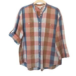 L.L. Bean Signature Women's Sz S Plaid Seersucker Roll Tab Button Up Shirt